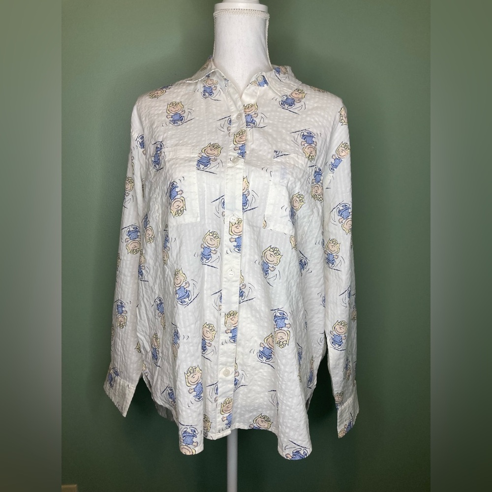 NWT Aerie Peanuts Long Sleeve Pajama Top Size Medium sally Seersucker Buttons